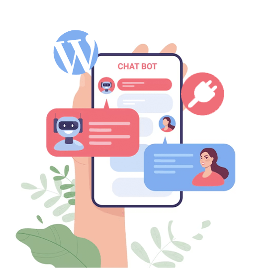 11 cele mai bune pluginuri WordPress Chatbot pentru site-uri web în 2023 1 A Hand with smartphone showing chat between a Bot, and User. Image also has WordPress and a Plugin logo.