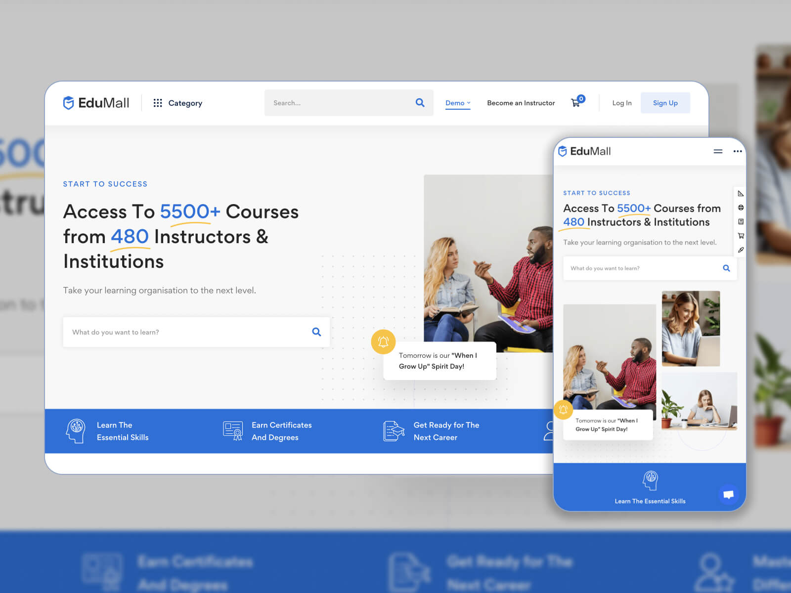 Иллюстрация EduMall — хорошо продуманная тема WordPress для онлайн-курсов в стальной синей, серебристой, темной сланцево-серой, белой дымчатой ​​и серой цветовой палитре.