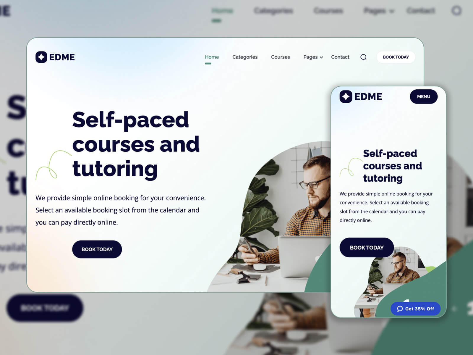 Иллюстрация Edme — быстрой и оптимизированной темы WordPress для онлайн-курсов в сочетании тускло-серого, серебристого, мятно-кремового, темно-серого и черного цветов.