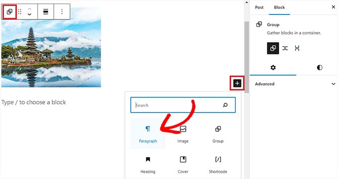 เปิดเมนูบล็อกเพื่อเพิ่มบล็อกอื่นภายในบล็อกกลุ่ม Open the block menu to add another block within the Group block