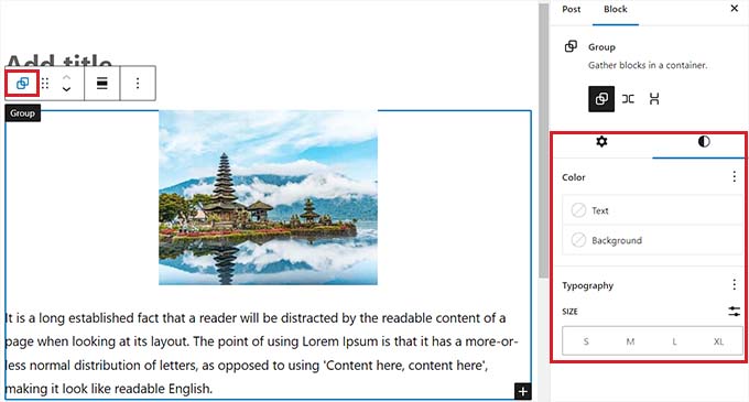 กำหนดการตั้งค่าของบล็อกกลุ่ม Configure the settings of the Group block