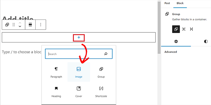 เพิ่มบล็อกรูปภาพภายในบล็อกกลุ่ม Add an image block within the Group block
