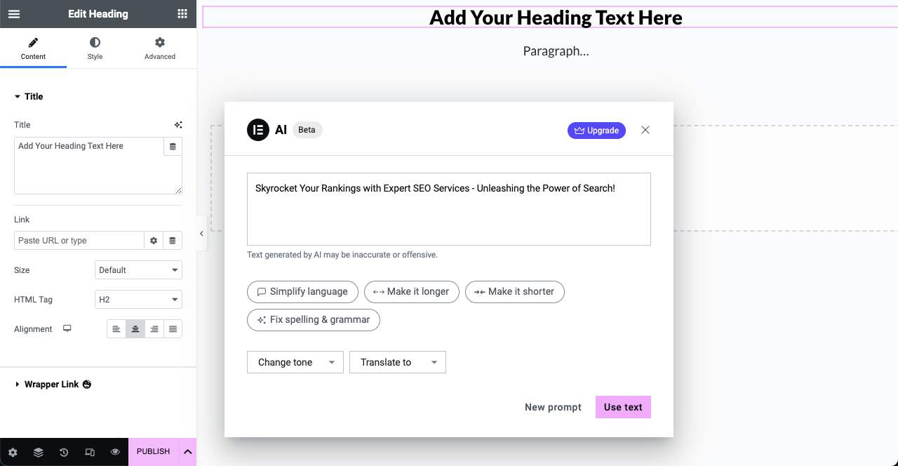 Представляем Elementor AI — преимущества, варианты использования и способы его использования 2 Modify AI Generated Text