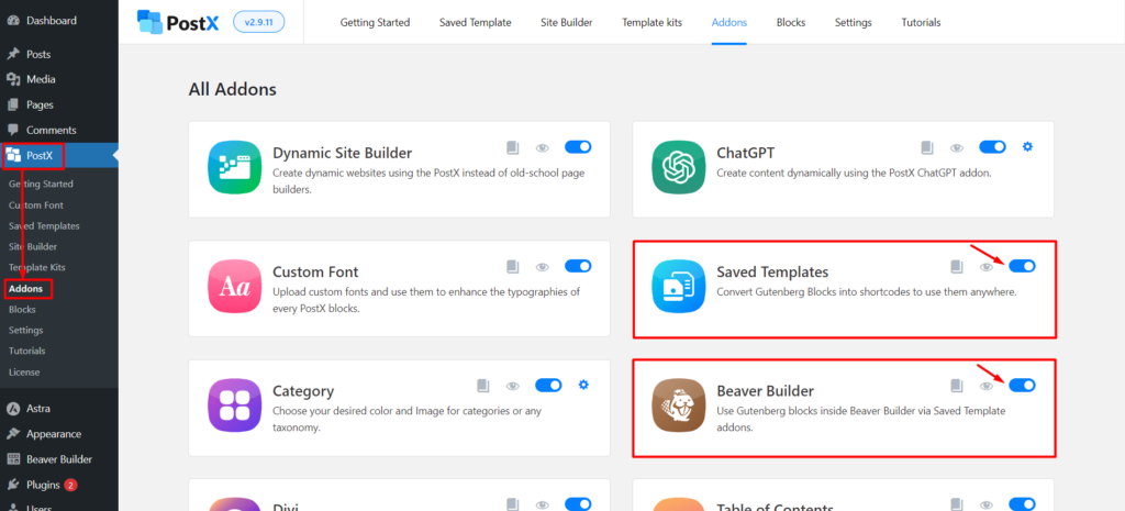 Integración de PostX Beaver Builder: use bloques de Gutenberg en Beaver Builder 3 Enabling Saved Template and Beaver Builder Addon