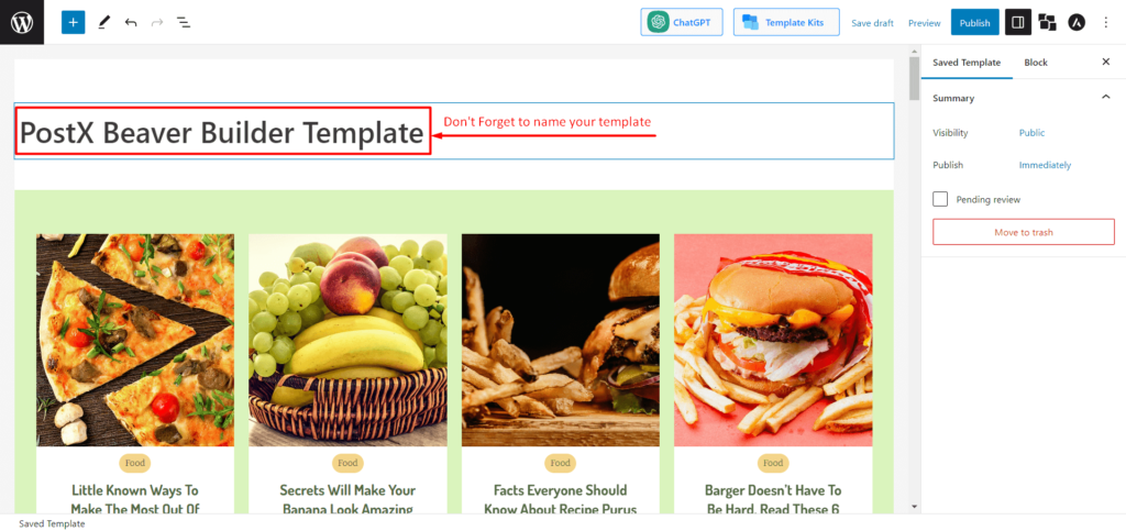Integración de PostX Beaver Builder: use bloques de Gutenberg en Beaver Builder 8 Name Saved Template for Beaver