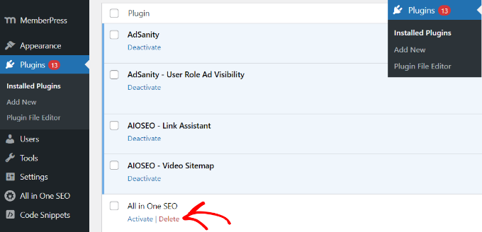 删除不活跃的插件 Delete inactive plugins