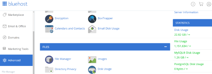 查看 Bluehost 中的磁盘使用情况 View disk usage in Bluehost