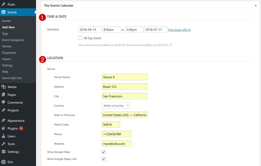 tipo di post personalizzato dell'evento