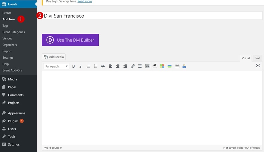 tipo di post personalizzato dell'evento