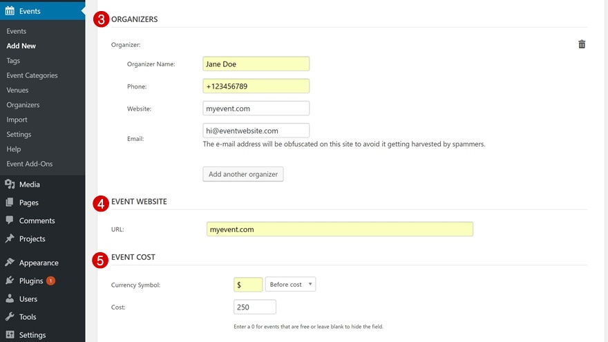 tipo di post personalizzato dell'evento