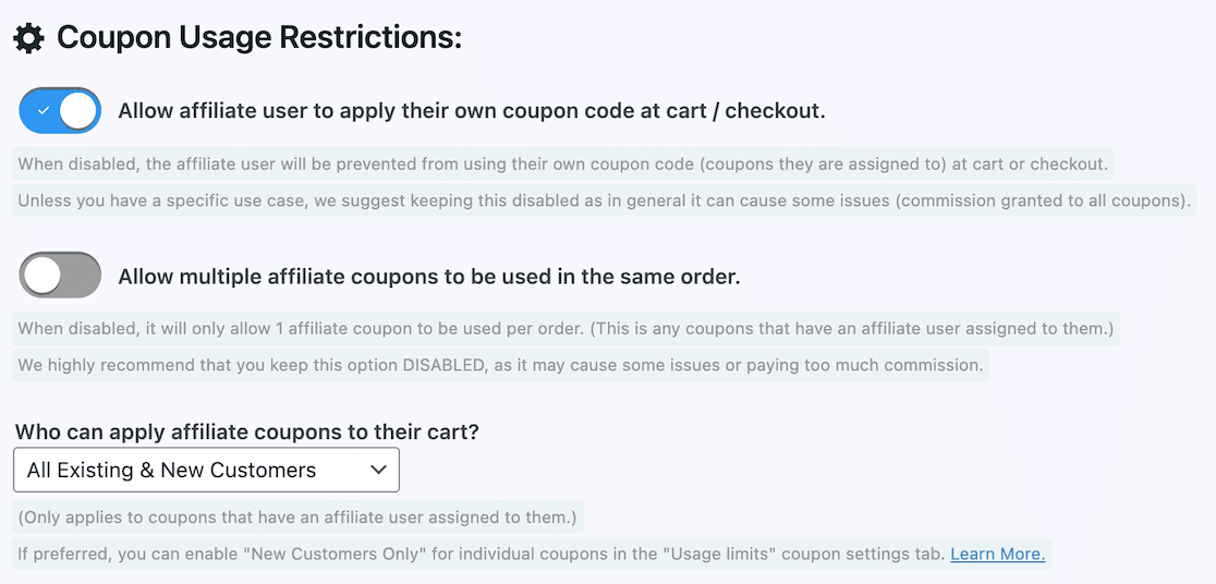 Coupon Affiliates coupon restriction settings