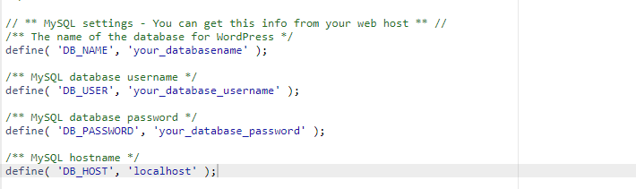 Zrzut ekranu wp-config, aby sprawdzić błąd połączenia dla witryny WordPress, która nie ładuje się