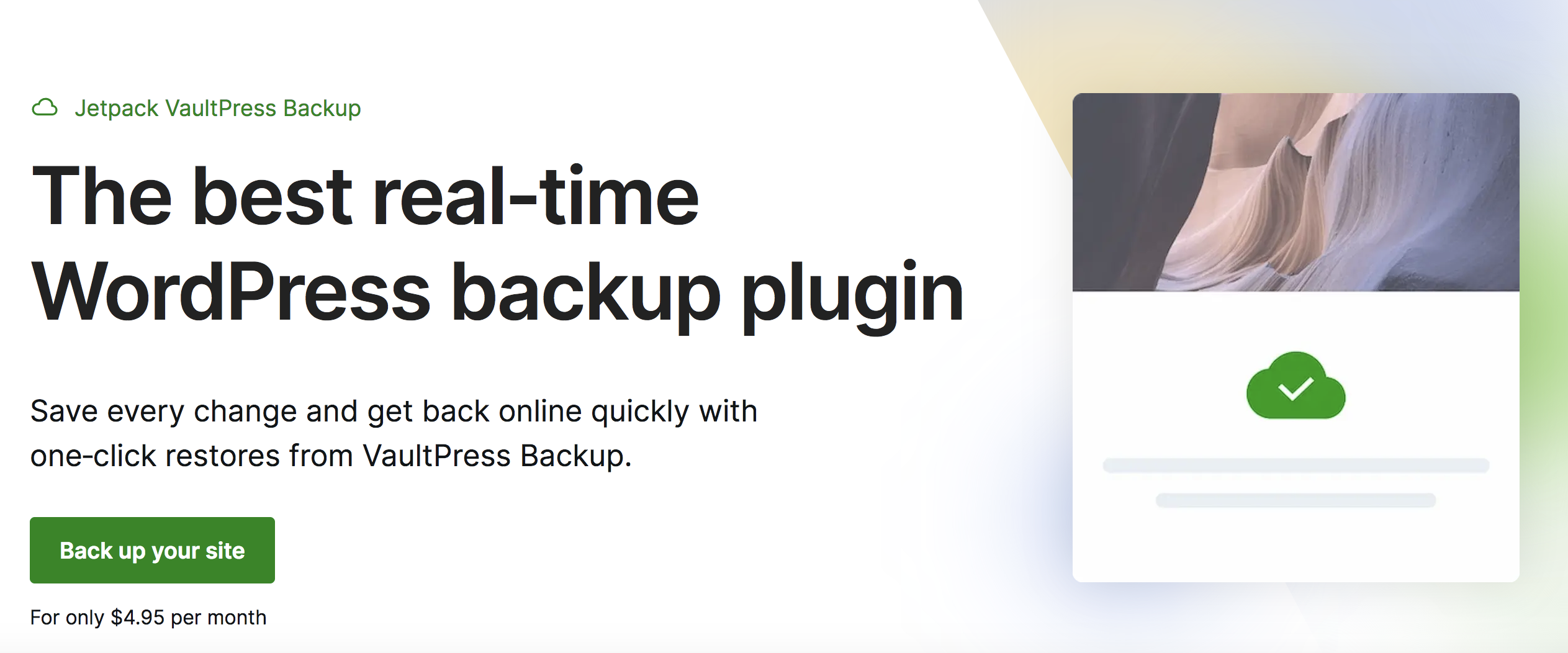 Pagina principală Jetpaack VaultPress Backup cu informații despre instrument