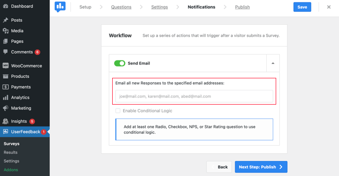 Configuración de notificaciones de comentarios de usuario UserFeedback Notifications Settings