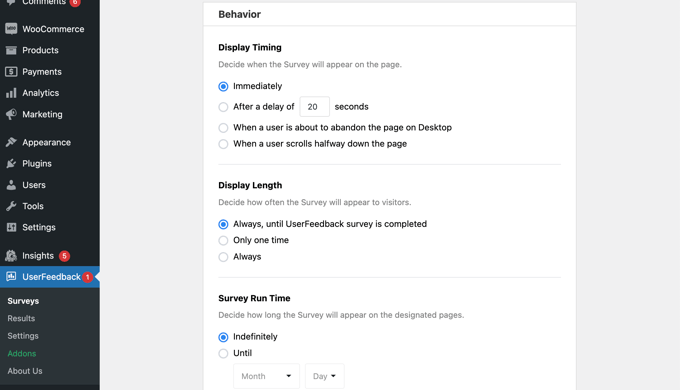 Configuración del comportamiento de los comentarios del usuario UserFeedback Behavior Settings