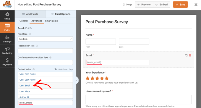 Ingresar la etiqueta inteligente de correo electrónico del usuario en WPForms Entering the User Email Smart Tag in WPForms