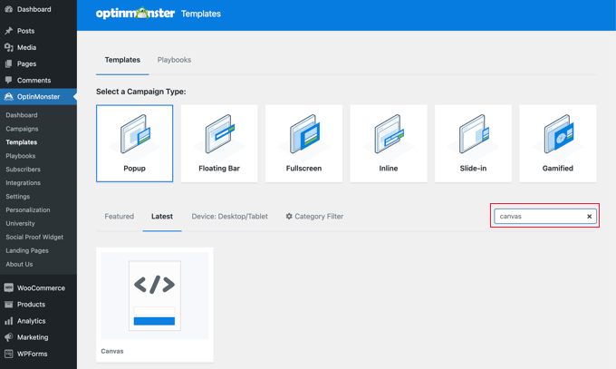 Busque la plantilla de lienzo en OptinMonster Search for the Canvas Template in OptinMonster