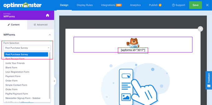 Seleccione la encuesta de WPForms que creó anteriormente Select the WPForms Survey You Created Earlier