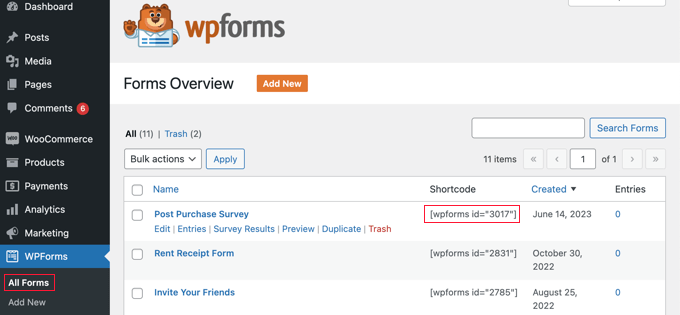 Encontrar el código abreviado de la encuesta en WPForms Finding the Survey Shortcode in WPForms