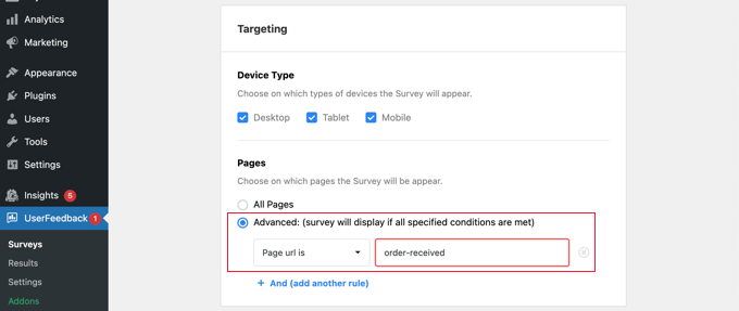 Dirigirse a la página de confirmación de pedido de WooCommerce en UserFeedback Targeting the WooCommerce Order Confirmation Page in UserFeedback