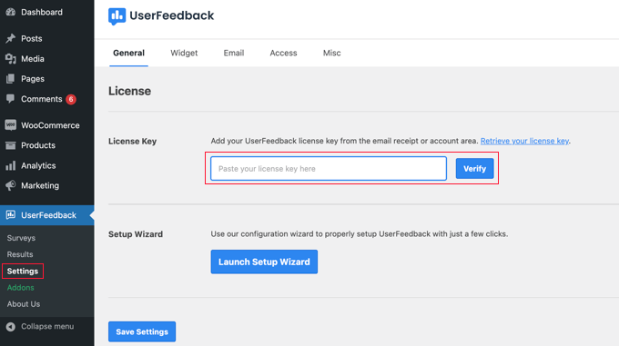 Pegue su clave de licencia de UserFeedback Paste Your UserFeedback License Key