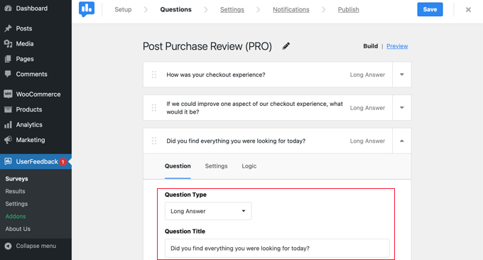 Edición de una pregunta de encuesta en UserFeedback Editing a Survey Question in UserFeedback