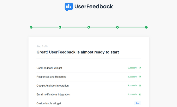 Funciones y complementos de UserFeedback instalados correctamente UserFeedback features and addons successfully installed