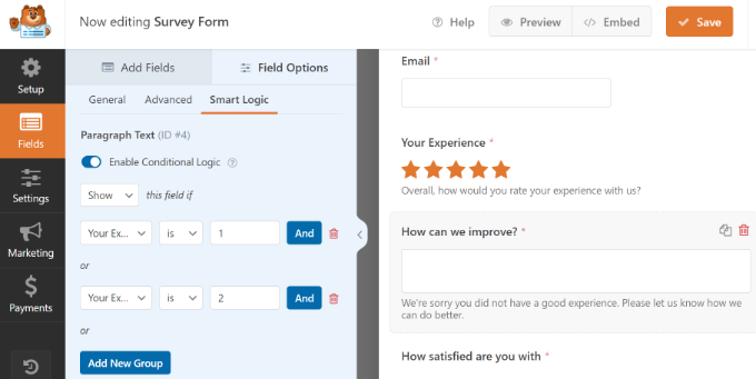campos condicionales Add conditional logic to survey form