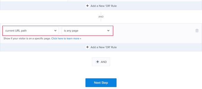 La configuración actual de la ruta URL en OptinMonster The Current URL Path Setting in OptinMonster