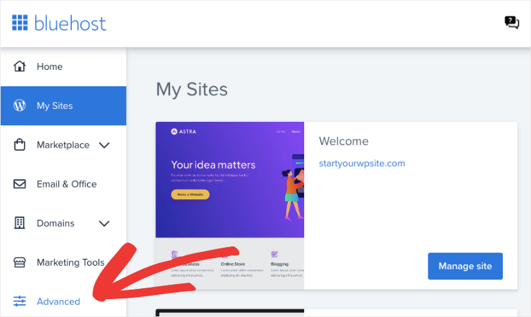 bluehost acceda a cpanel en la pestaña avanzada - IsItWP - Detector de temas de WordPress gratuito bluehost access cpanel in advanced tab