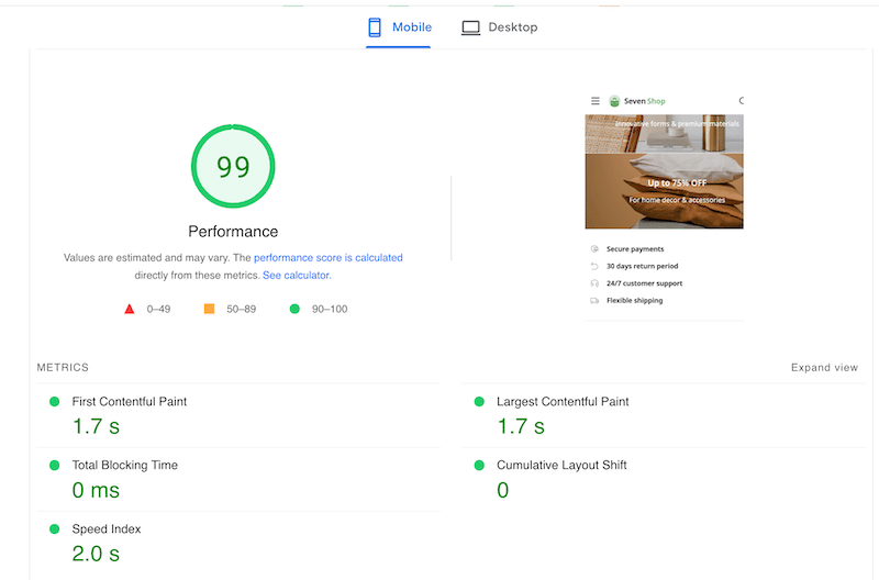 The7 测试网站 WP Rocket 得分为 99/100 - 来源:PageSpeed Insights