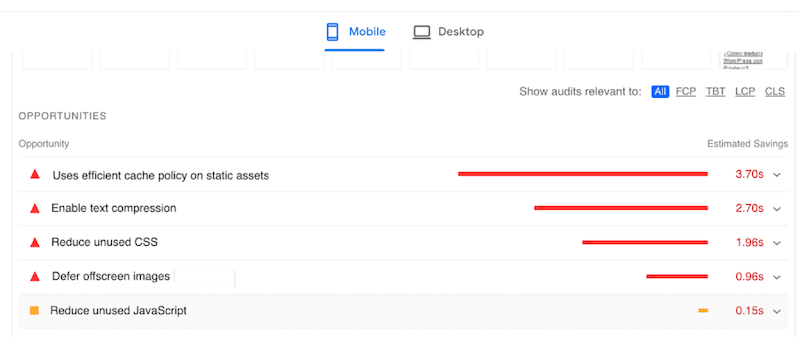 Lighthouse 对我使用 the7 构建的 WooCommerce 网站的推荐 - 来源:PageSpeed Insights
