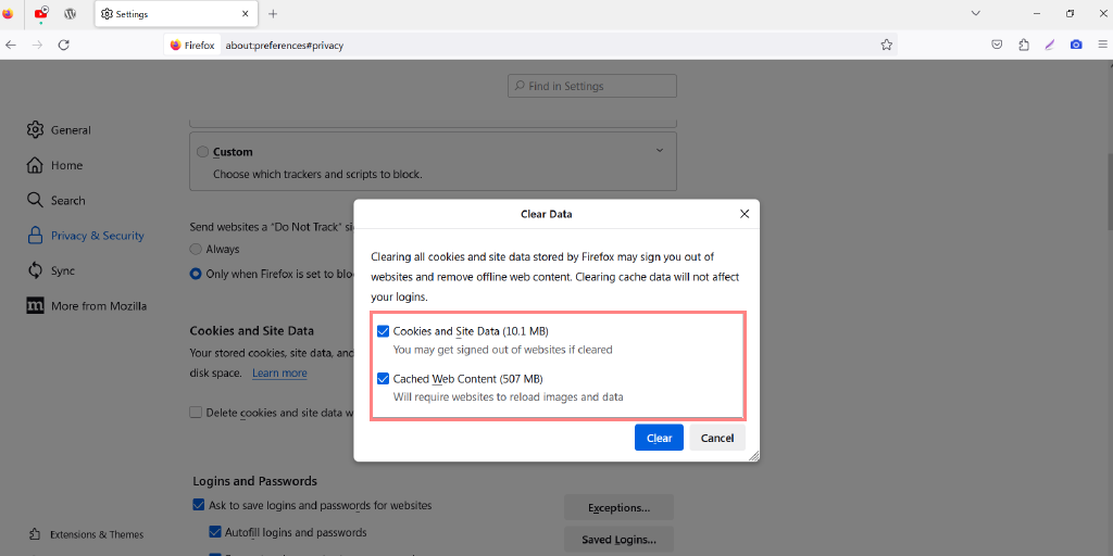 Cloudflareのアクセス拒否エラー1020を修正するにはどうすればよいですか? (14通り) 9 Firefox Clear Data
