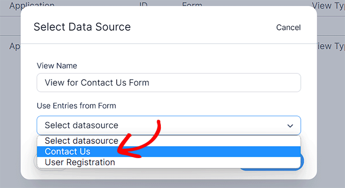اختر مصدر البيانات للعرض Choose data source for View