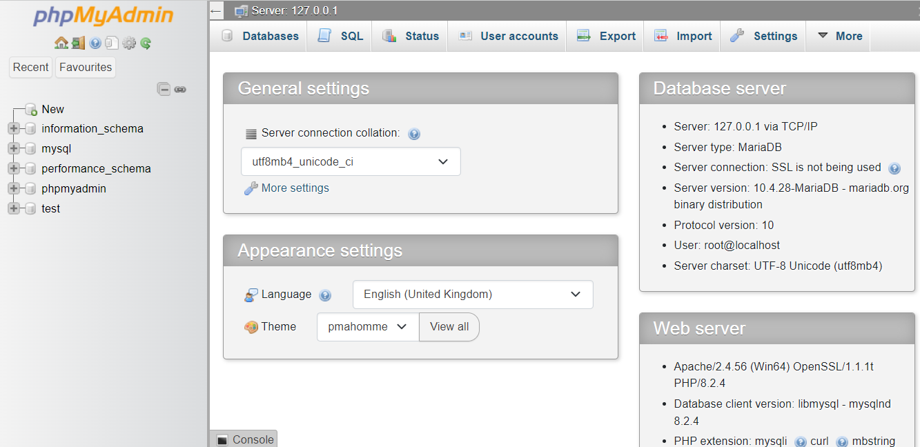 Painel do phpMyAdmin