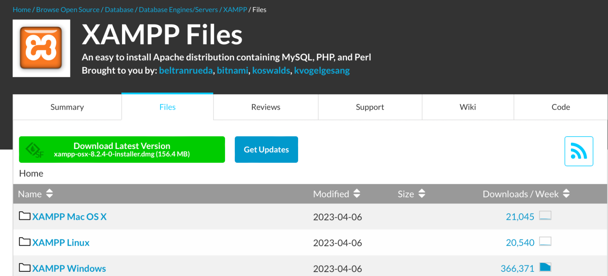 opções de download para arquivos XAMPP