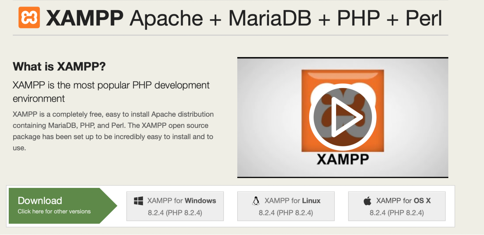 Página inicial do XAMPP com informações de download