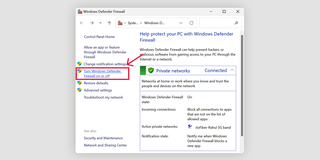 أفضل 11 طريقة لإصلاح "ERR_CONNECTION_CLOSED" في Chrome 11 Turning on/off Windows Defender firewall