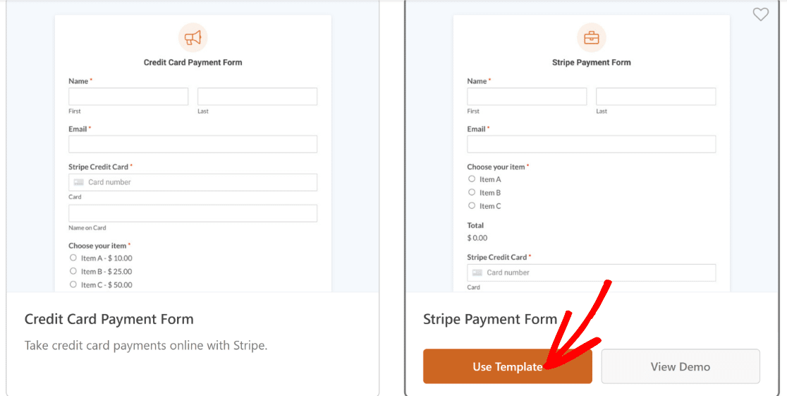 Use the stripe payment form template
