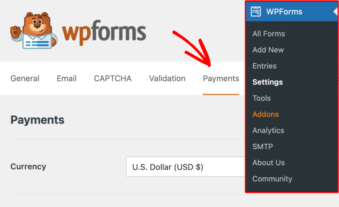 Abrir la configuración de pagos de WPForms