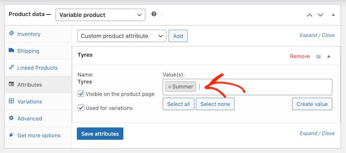 Bir ürün değişkenine değer ekleme Adding values to a product variable