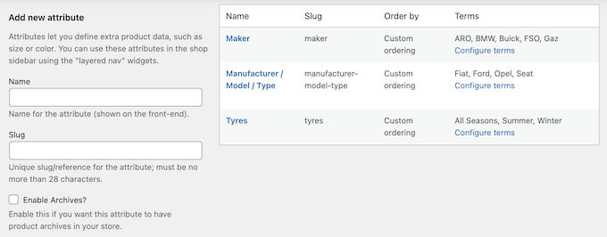 WordPress e-Ticaret eklentisi kullanılarak oluşturulan ürün özelliklerine örnekler Examples of product attributes, created using a WordPress eCommerce plugin