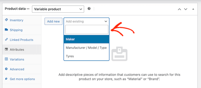 Değişken bir ürüne mevcut özelliklerin eklenmesi Adding existing attributes to a variable product