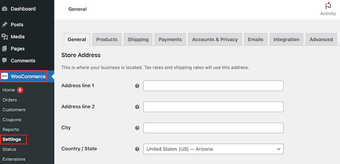 WooCommerce ayarları ekranı The WooCommerce settings screen