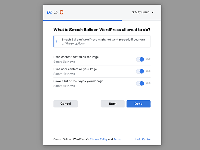 페이스북 권한 관리 SeedProd Mange Smash Balloon Facebook permissions