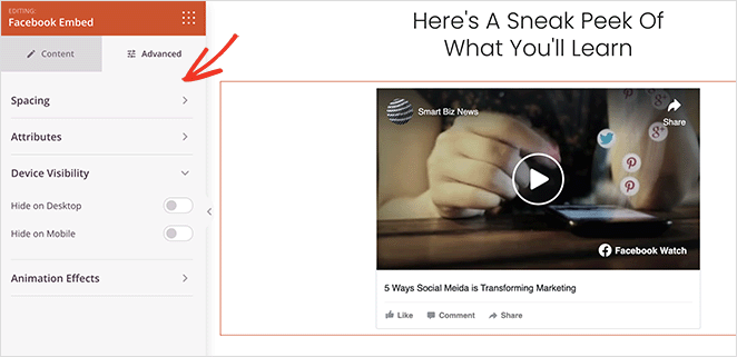 고급facebookvideoembedsettings SeedProd Advanced Facebook video embed settings