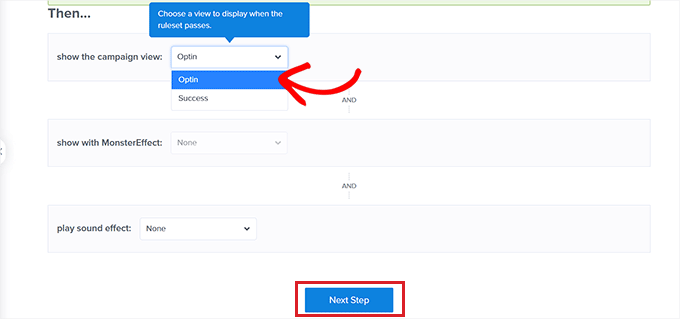 حدد خيار Optin من القائمة المنسدلة ثم Select the Optin option from the Then dropdown menu