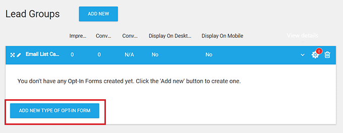 انقر فوق الزر Add new Opt-in form Click the Add new Opt-in form button