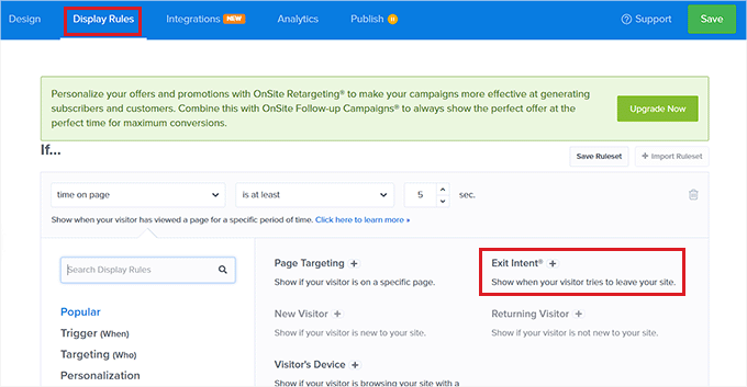 اختر خيار Exit Intent من القائمة المنسدلة على اليسار Choose Exit Intent option from the dropdown menu on the left