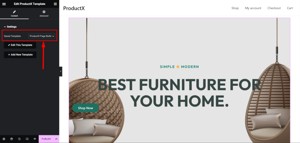 ProductX Page Builder-Integration: Elementor, Divi, Oxygen und Beaver 12 Selecting Saved Template for ProductX